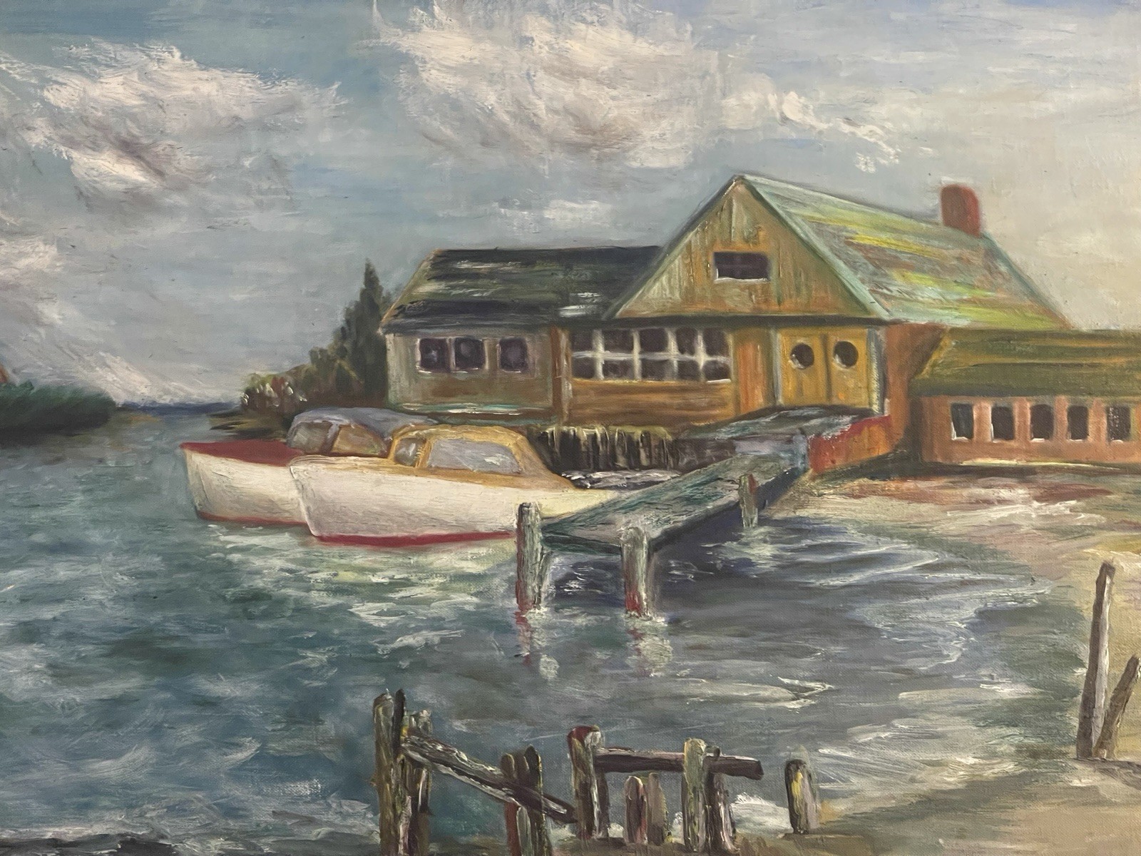 VINTAGE MID CENTURY ABSTRACT GLOUCHESTER SCHOOL NAUTICAL LANDSCAPE OIL PAINTING