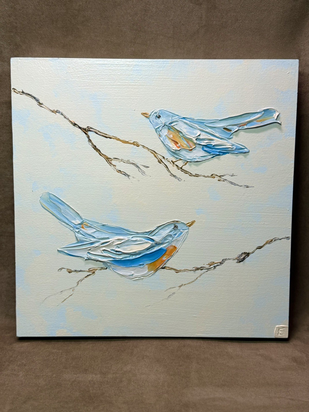 Original Eddie Powell Acrylic Blue Birds Painting On Wood Panel Signed 14×14