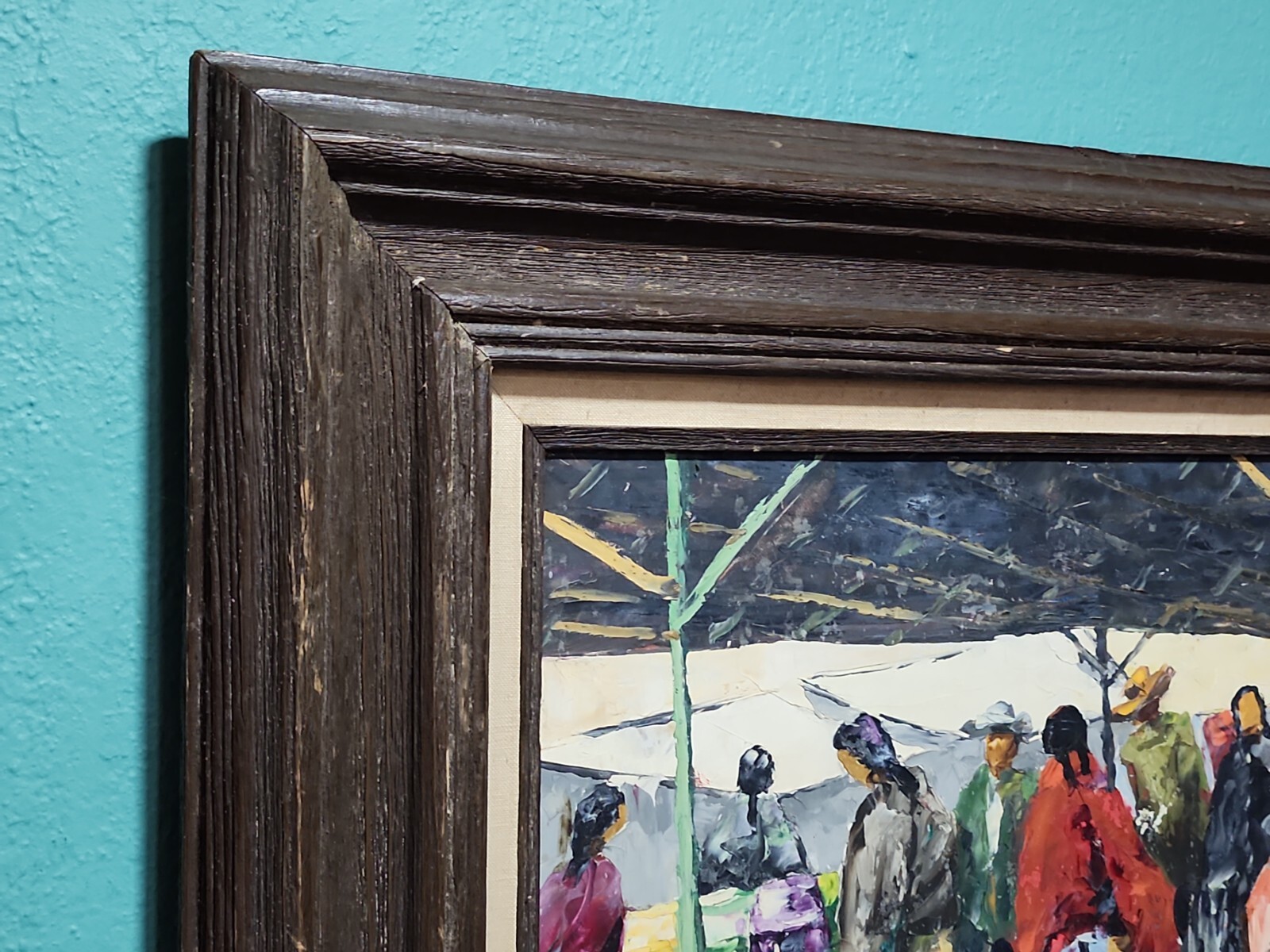 Modernist Mexican Painting Oil On Masonite Of Market Scene Signed Dates 1960