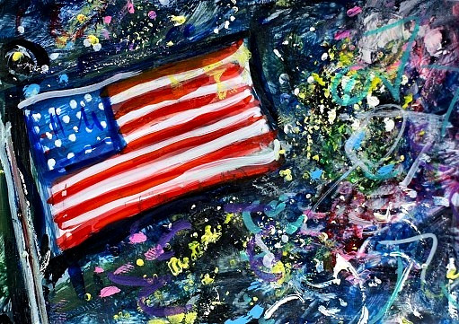 ACEO Original Painting FIREWORKS Summer Night American Flag July 4 USA ATC ART