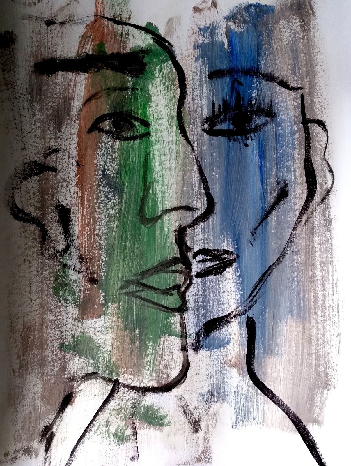 Original Signed 9×12 Abstract Two Faces Acrylic Painting Blues Teal Home Decor