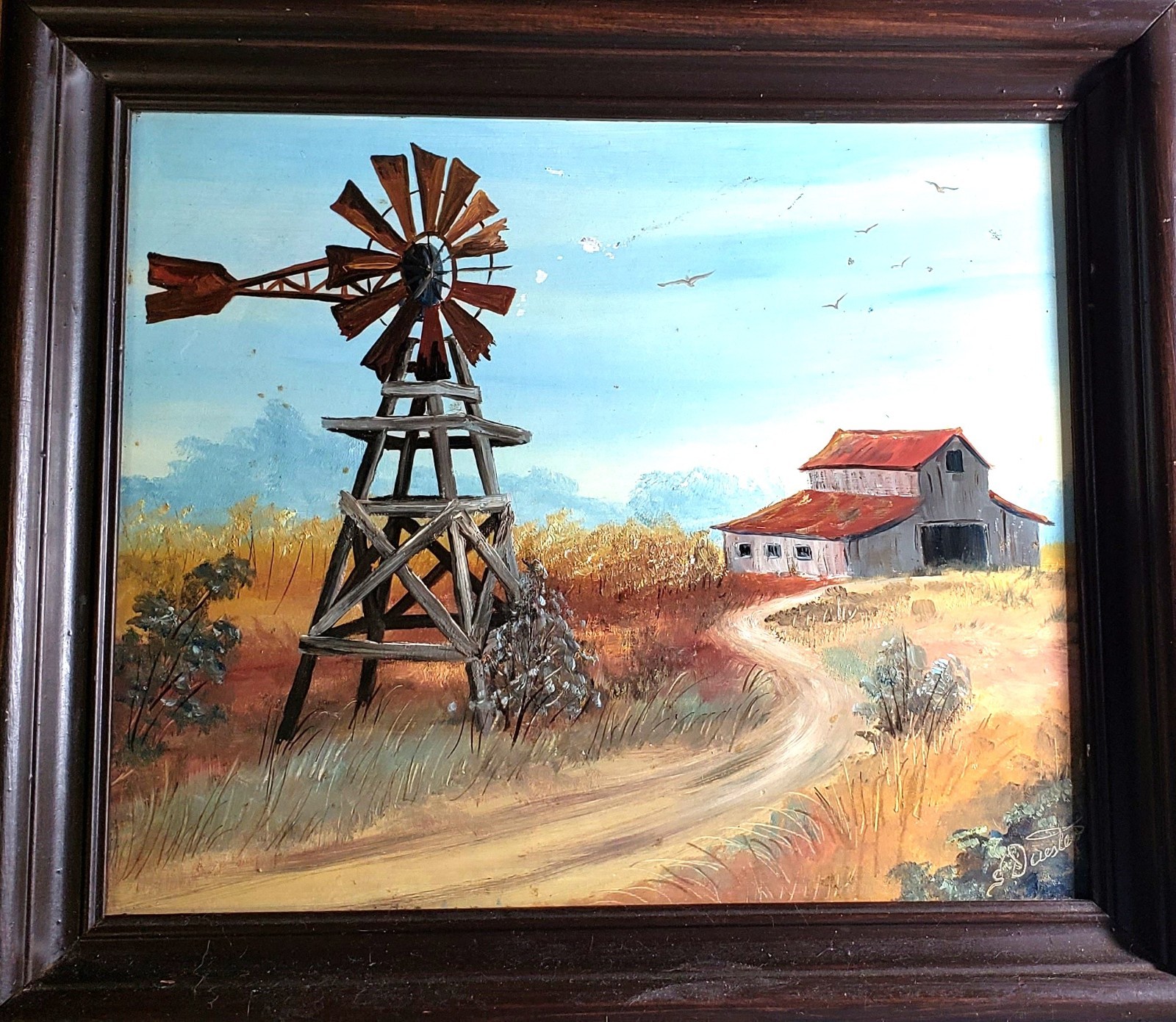 Vintage Peaceful Country Barn and Windmill Oil Painting. California Foothills