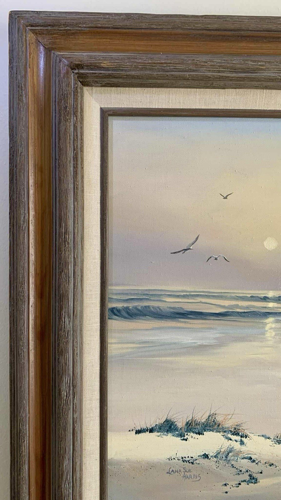 Vintage Sunrise Seascape Beach Front Oil Painting On Canvas Signed HARRIS Artist