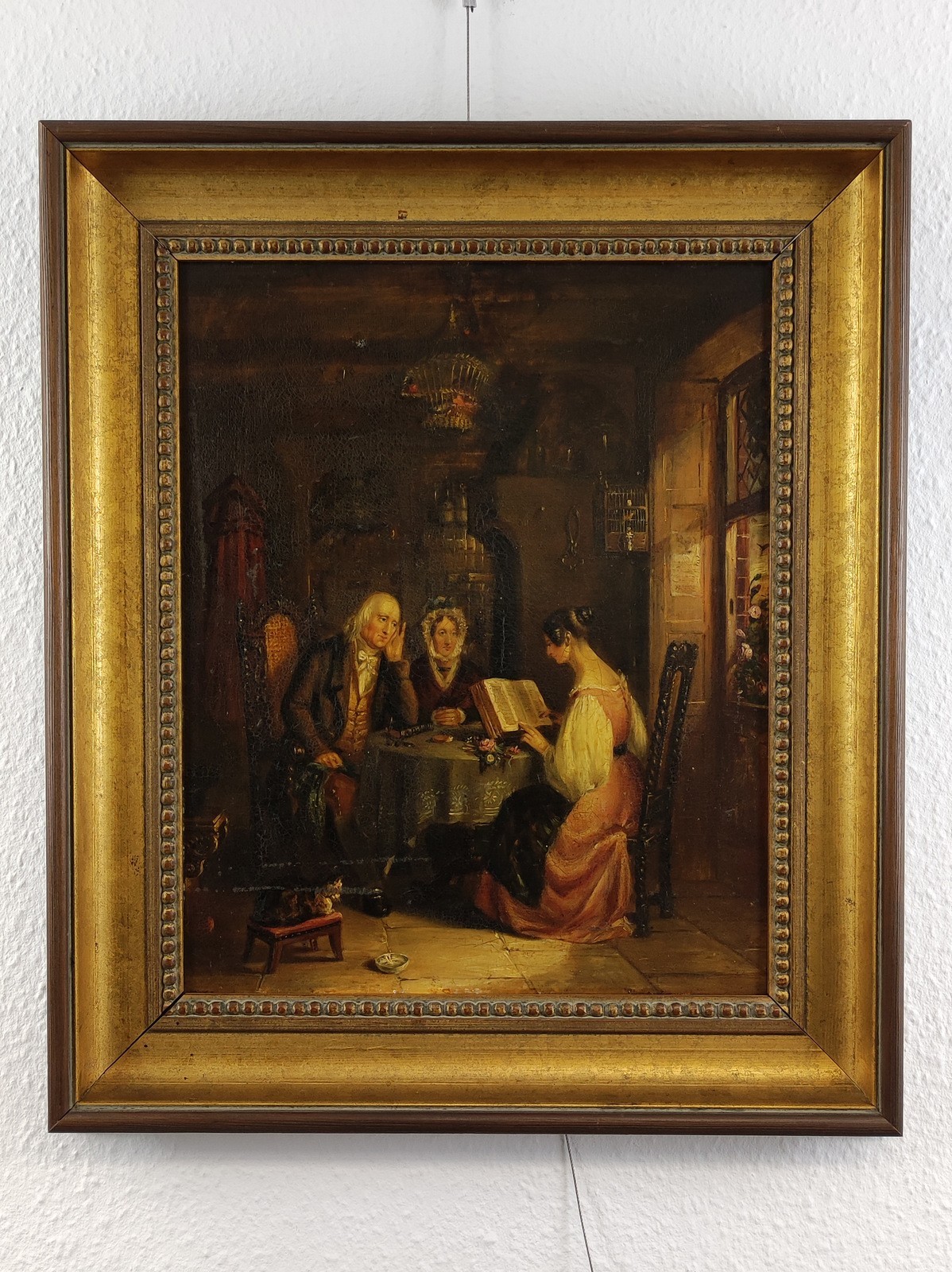 ANTIQUE 19TH C. INTERIOR GENRE SCHOOL OIL PAINTING ON CANVAS, «SUNDAY EVENING».