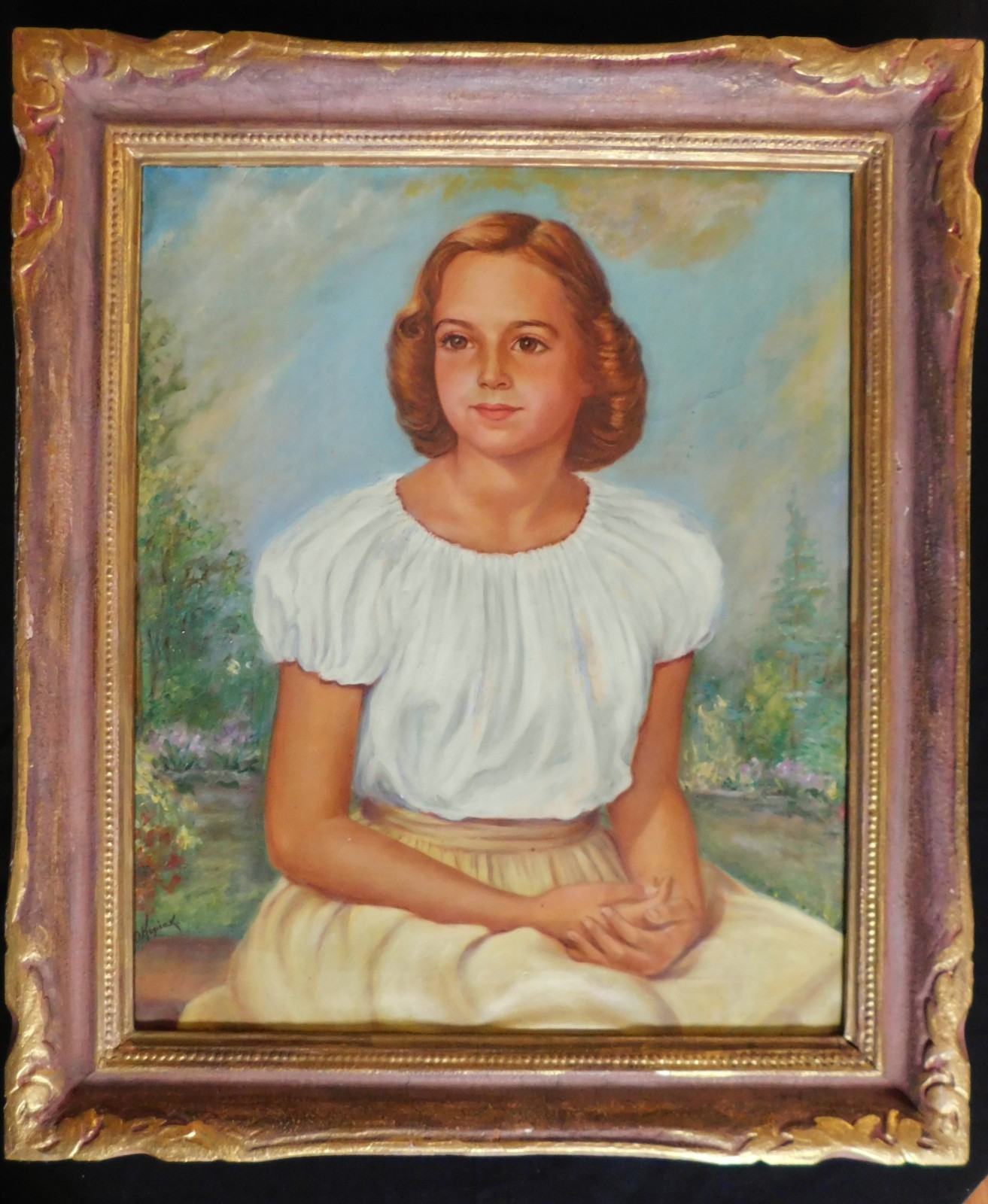 1940’s 50’s Portrait Oil Painting Of Young Lady NEO CLASSICAL GOLD FRAME 30 x 25