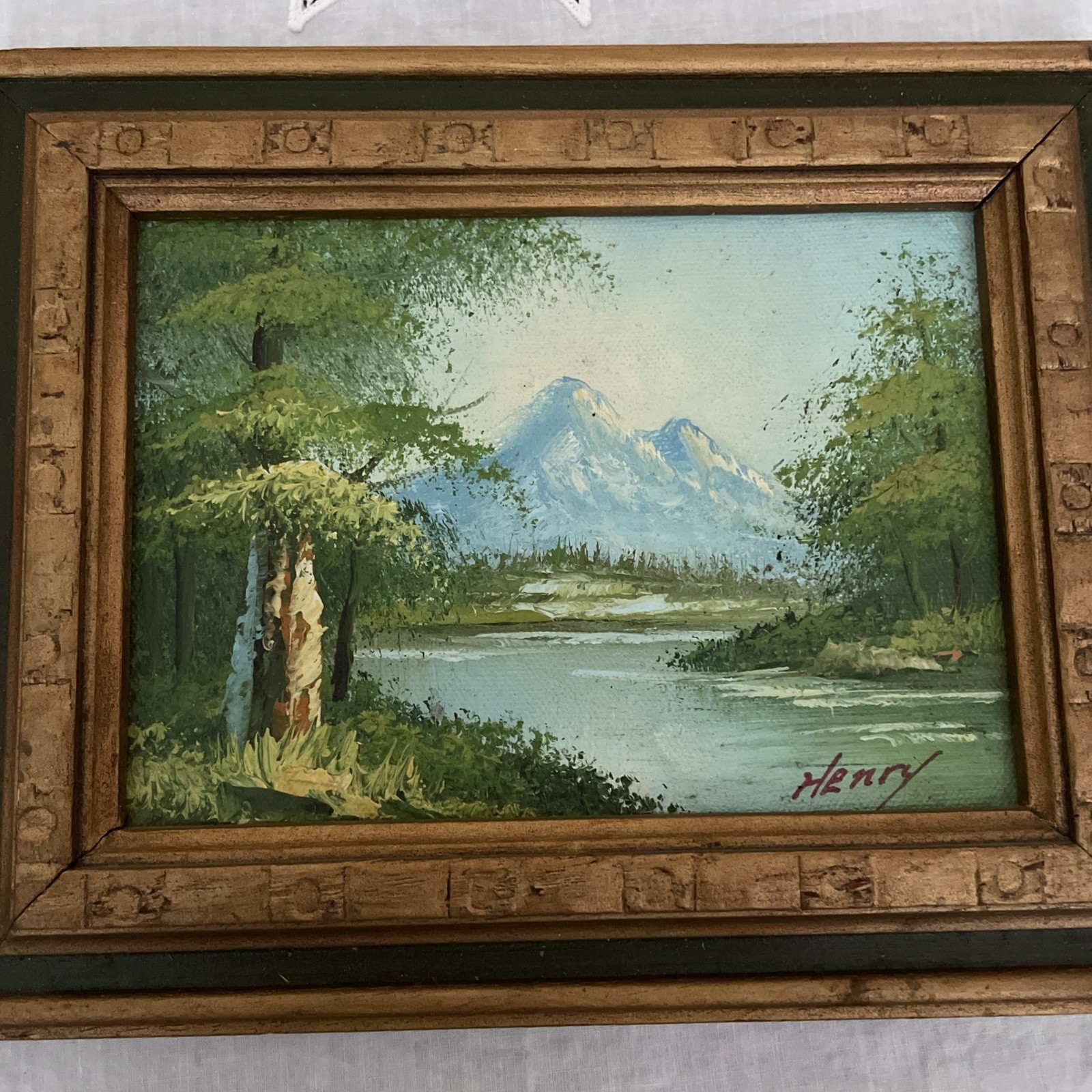 Vintage Original Art Oil On Canvas mountain Lake oil painting signed 8 X 10