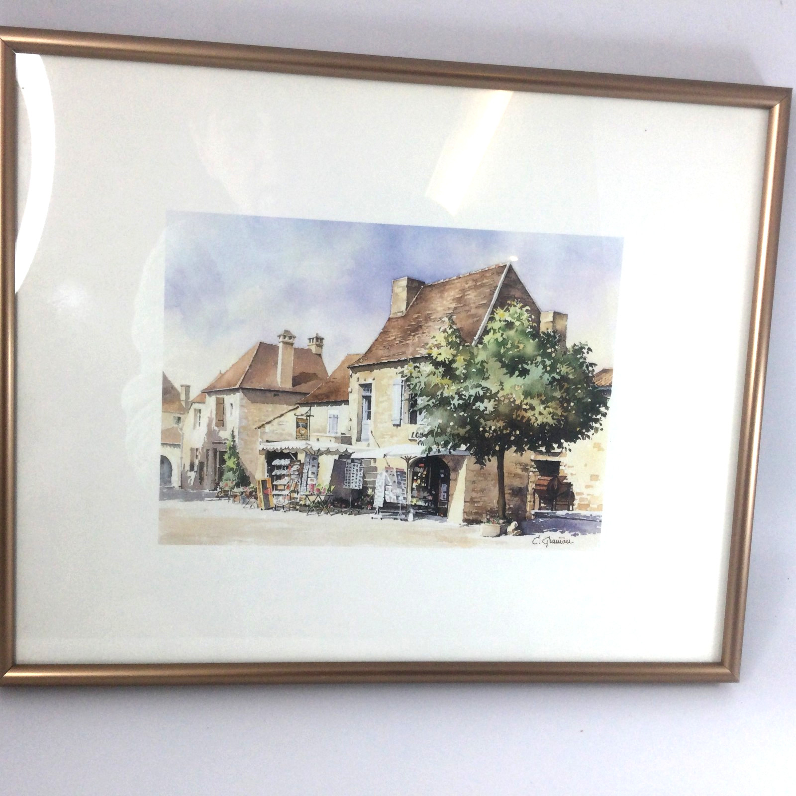 Vintage Watercolor Painting C. Grautau European Village Street 12″ x 10″ Framed