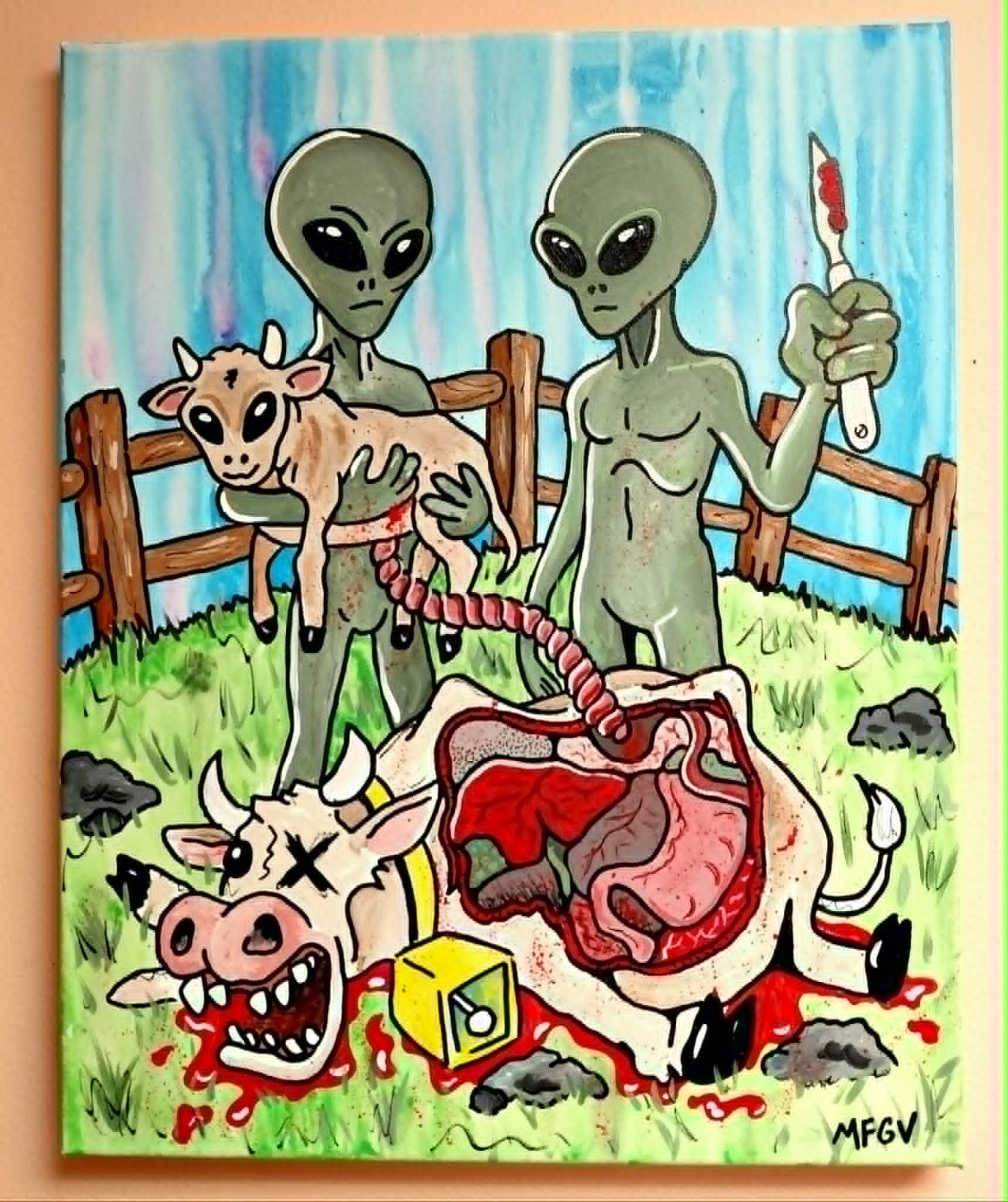 Original ALIEN Canvas Painting Art Cattle Cow Abduction UFO UAP Disclosure