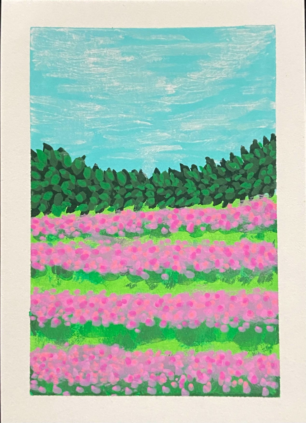 ACEO Original Pink Flowers Field Sky Miniature Painting Landscape OneCraftyLady
