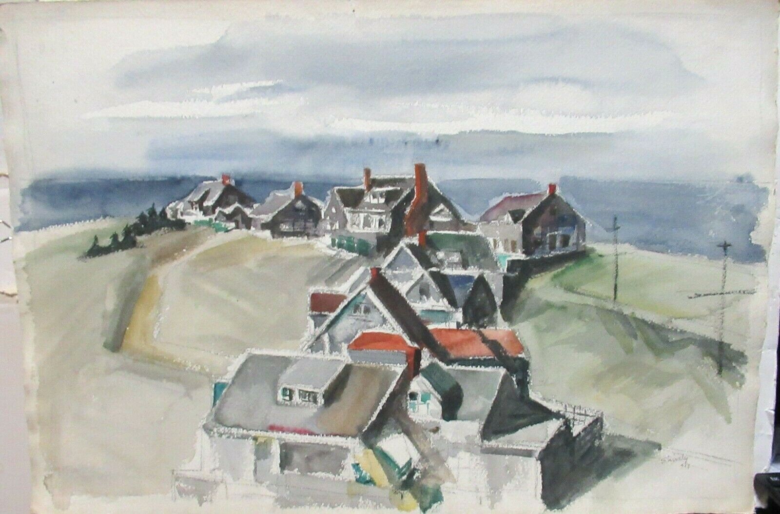 SHIRELY «NANTUCKET» ORIGINAL WATERCOLOR LANDSCPAE PAINTING DATED 1947