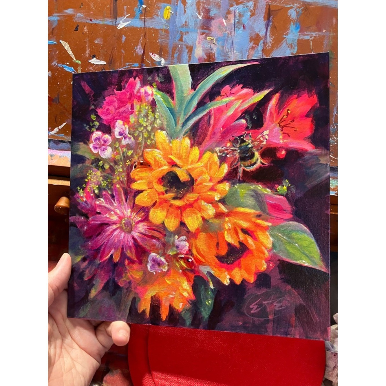 Original Bumblebee sunflower painting, flower art floral still life surrealism