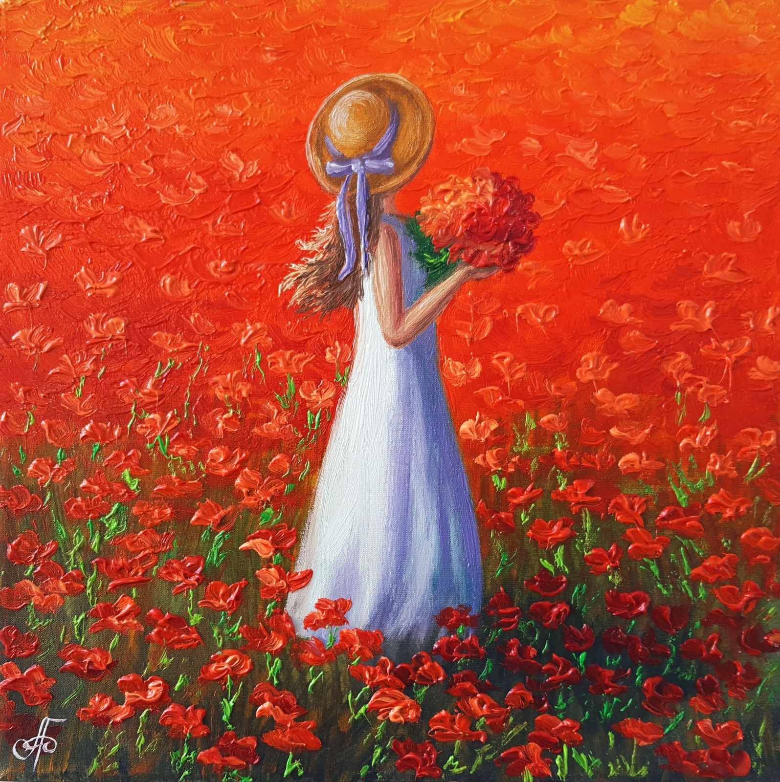 Original Oil Portrait Painting Woman Red Poppy Field Summer Canvas Art Romantic