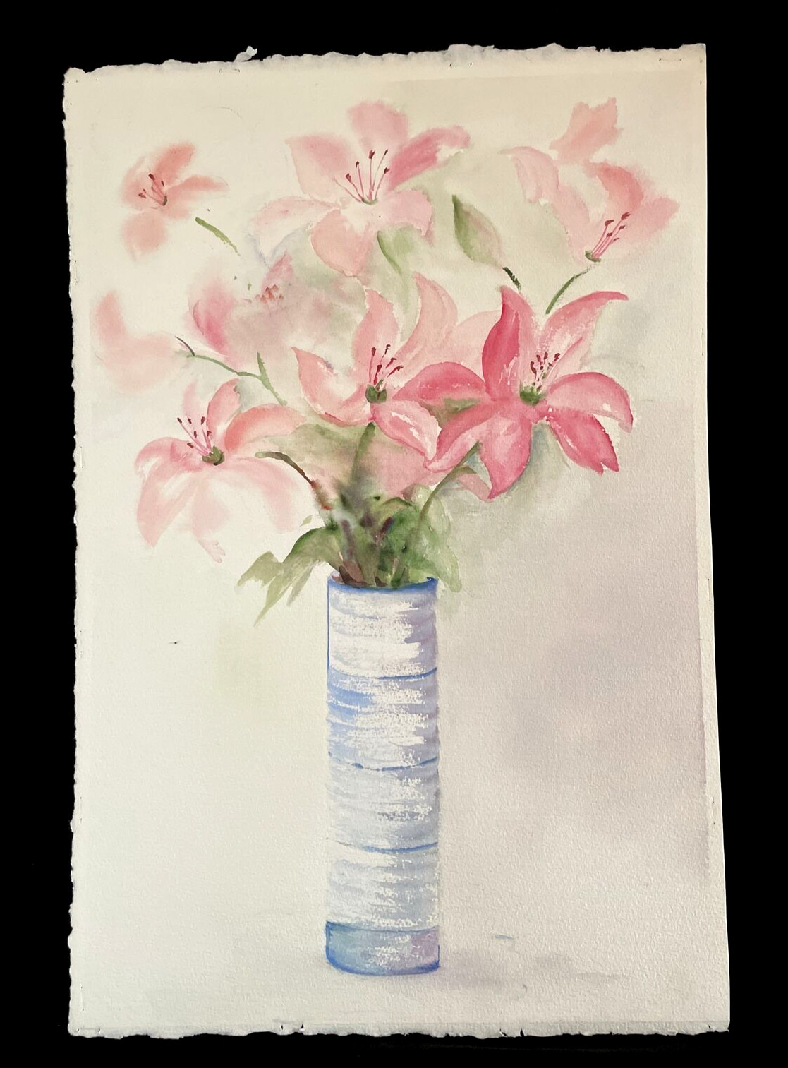 Vintage Original Floral Watercolor Still Life Bouquet Pink Lily Flowers 15×22″