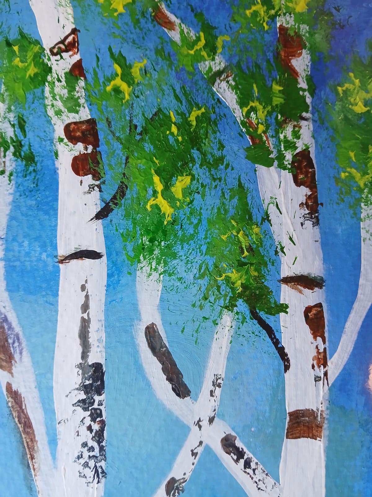 Abstract/Impressionism 11×14 Colorful Birch Trees Blue Background Art Painting