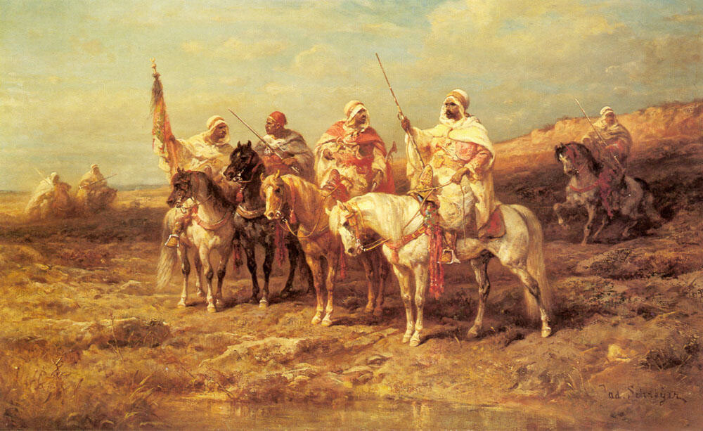 Oil painting Adolf-Schreyer-Arab-Horsemen-By-A-Watering-Hole arab people horses