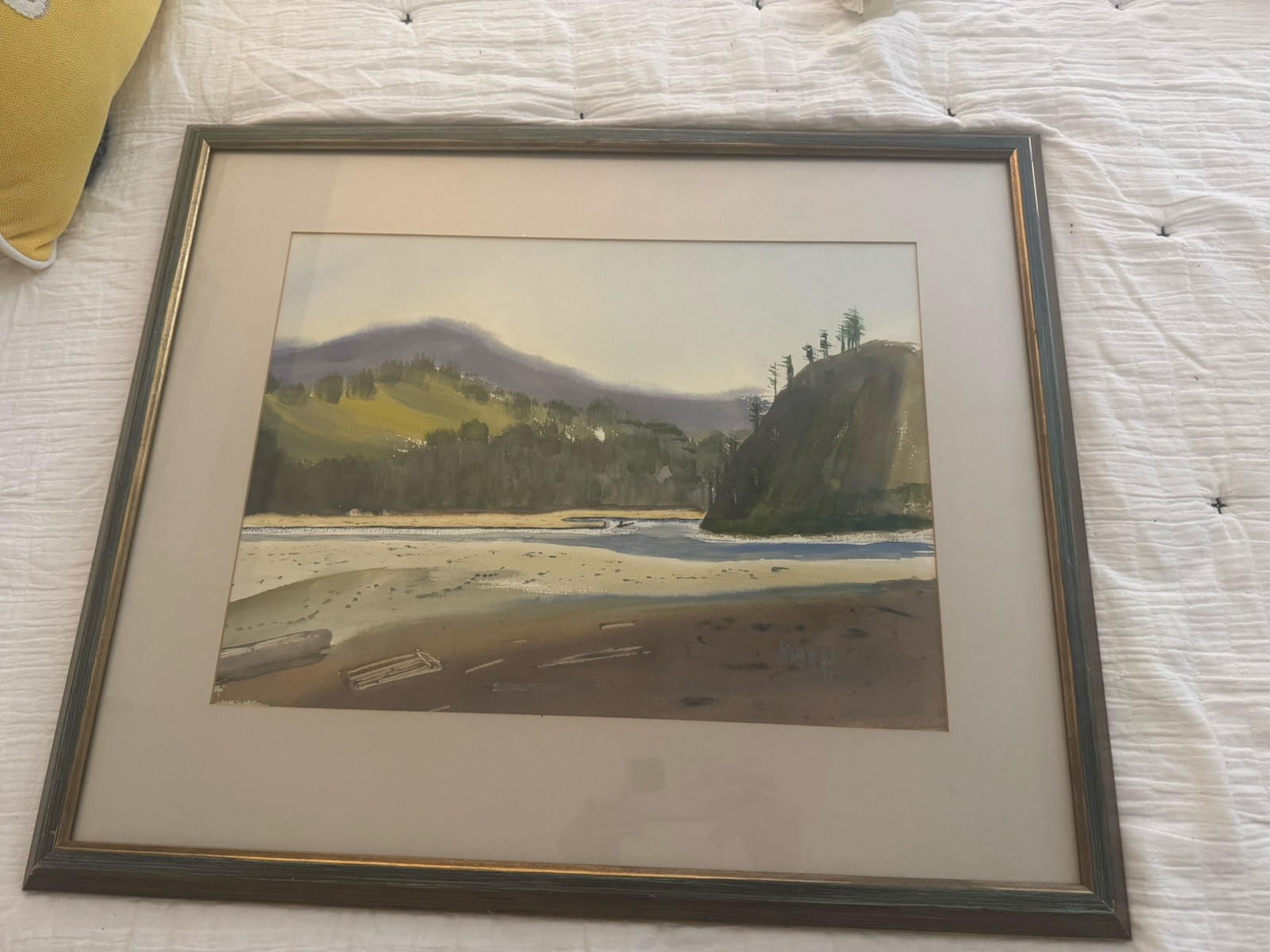 Watercolor Landscape Original Art Signed Kinzel Vintage 1971 Framed Water Inlet