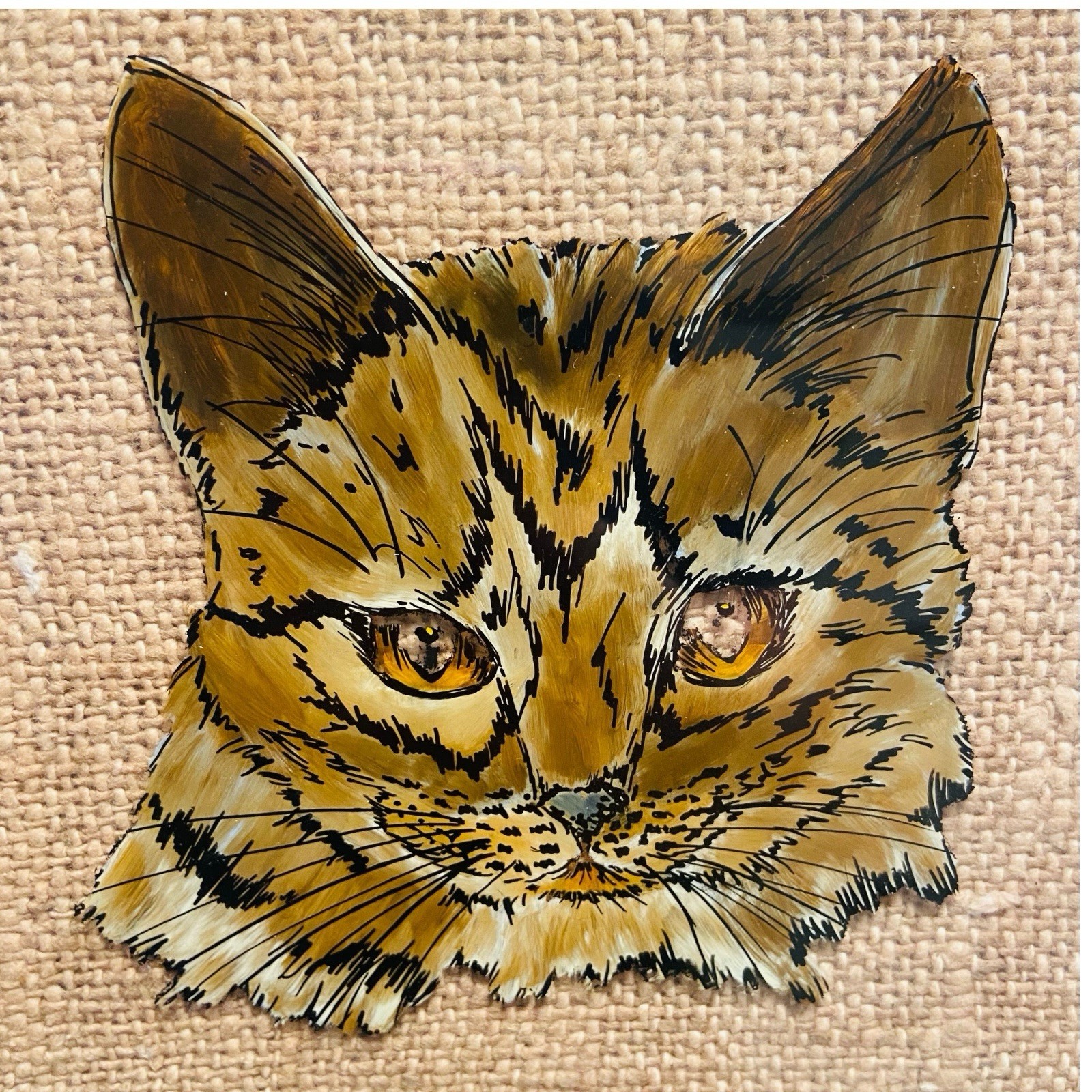 Vintage Reverse Painting Cat Framed 1980s Long Hair Tabby 9.75” x 11.5”