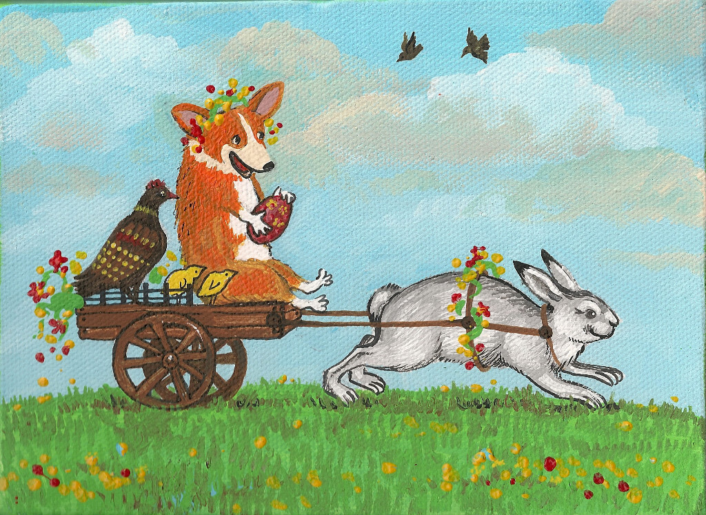 5X7 PEMBROKE WELSH CORGI PRINT OF PAINTING RYTA EASTER BUNNY RABBIT FOLK ART