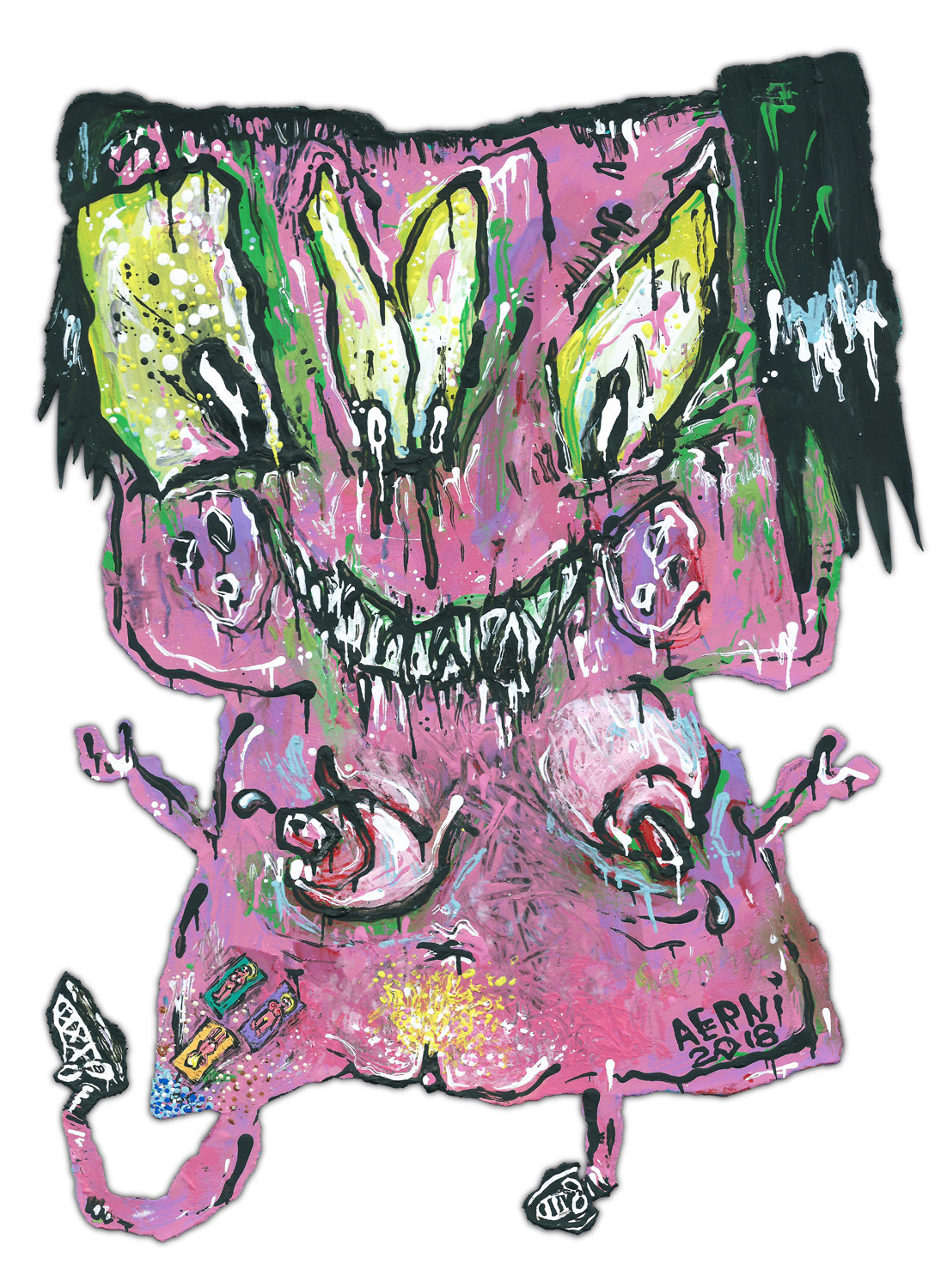 Original HAPPY GRAVE Painting year 2018 dark art : » GOBLIN GIRL BEACHFRONT «