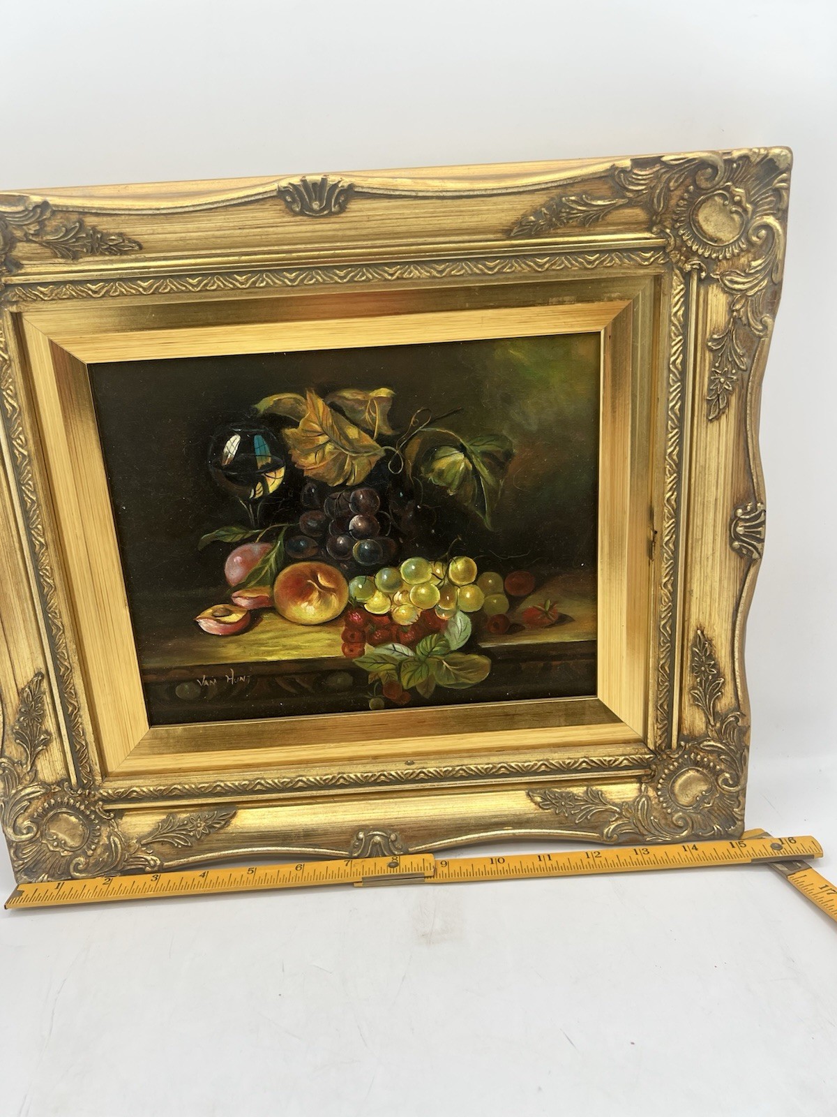 Vintage Signed Van Hunt Still Life Oil Painting Fruit Grapes Wine Glass Framed
