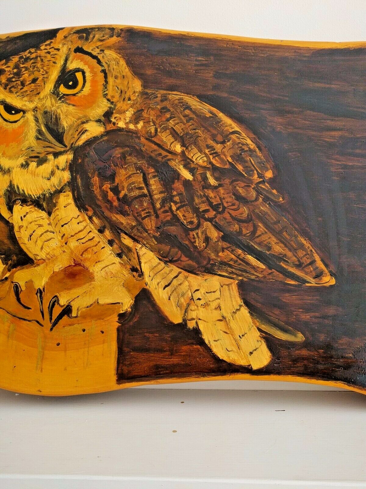Large original Wooden Wall Painting or Tabletop: Owl Family rustic primitive