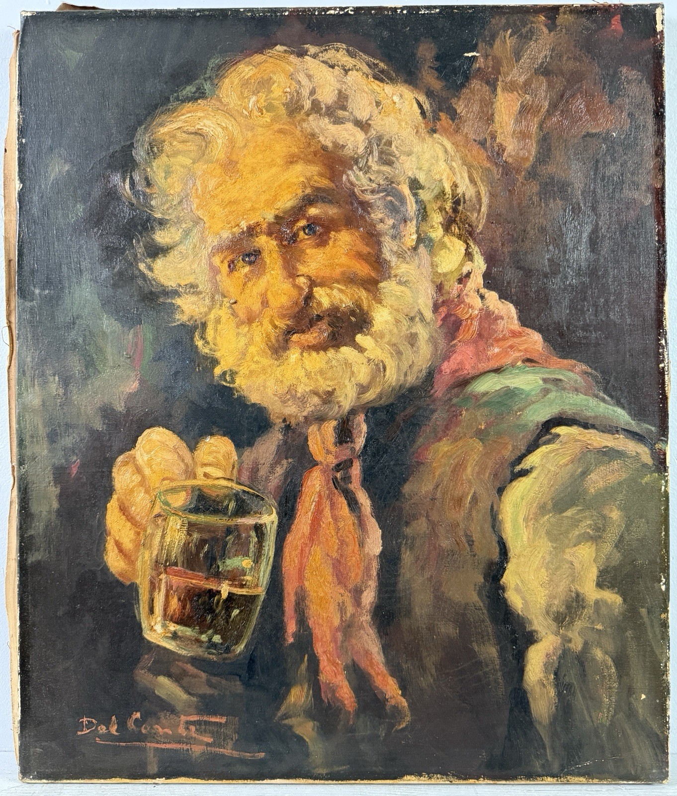 European mid 20C, Del Conte, Vintage Oil Painting, Portrait of an Old Man w/ Mug