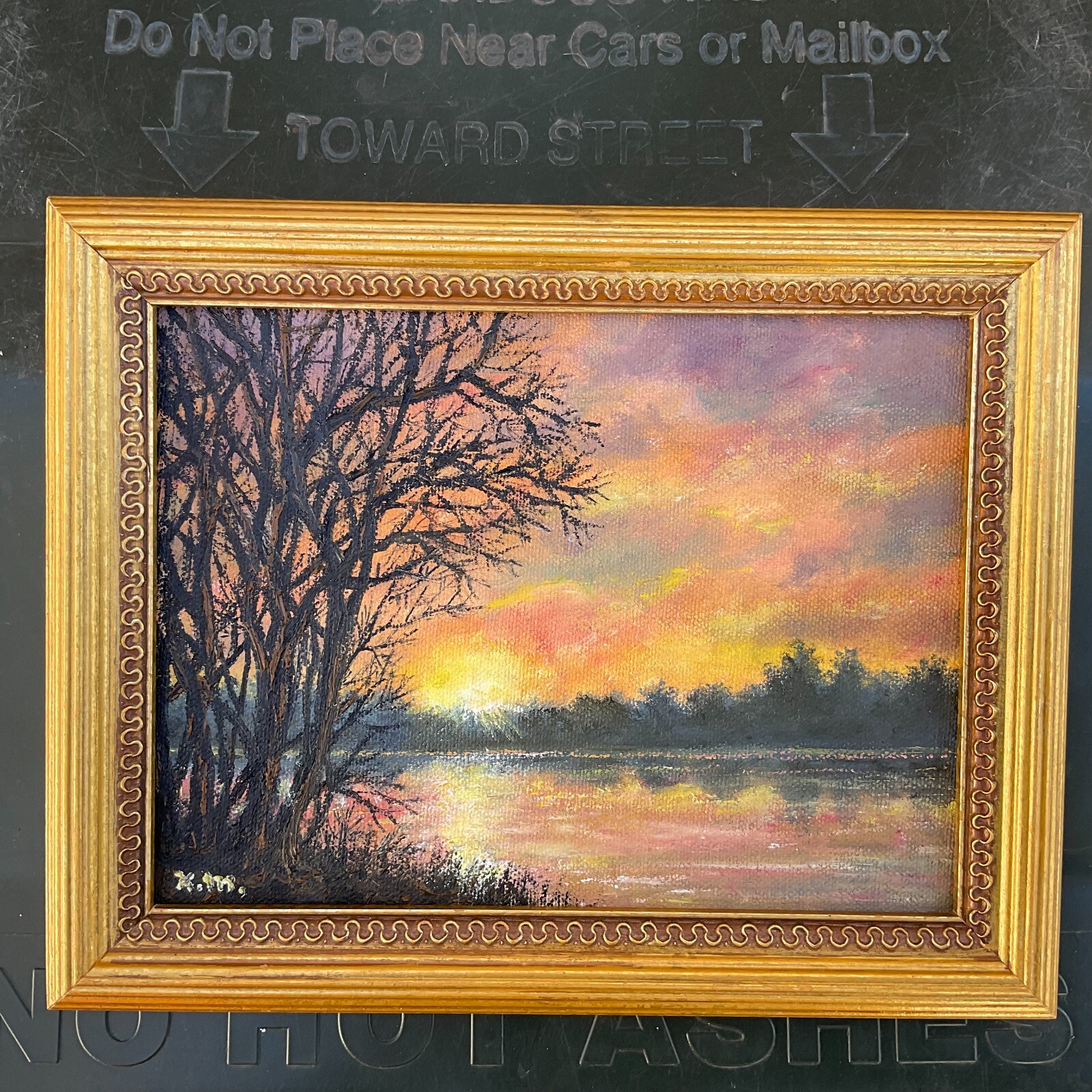 SUNRISE ON THE RIVER – original framed oil landscape painting on 6X8 inch canvas
