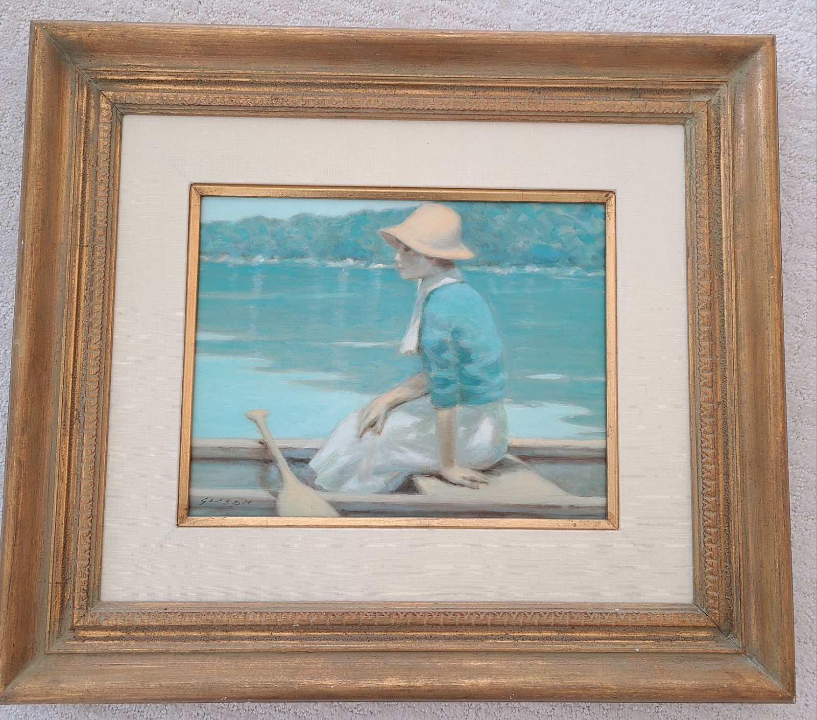 ANDRE GISSON Original Oil Painting, Woman In A Boat. Lovely Painting, Perfect!