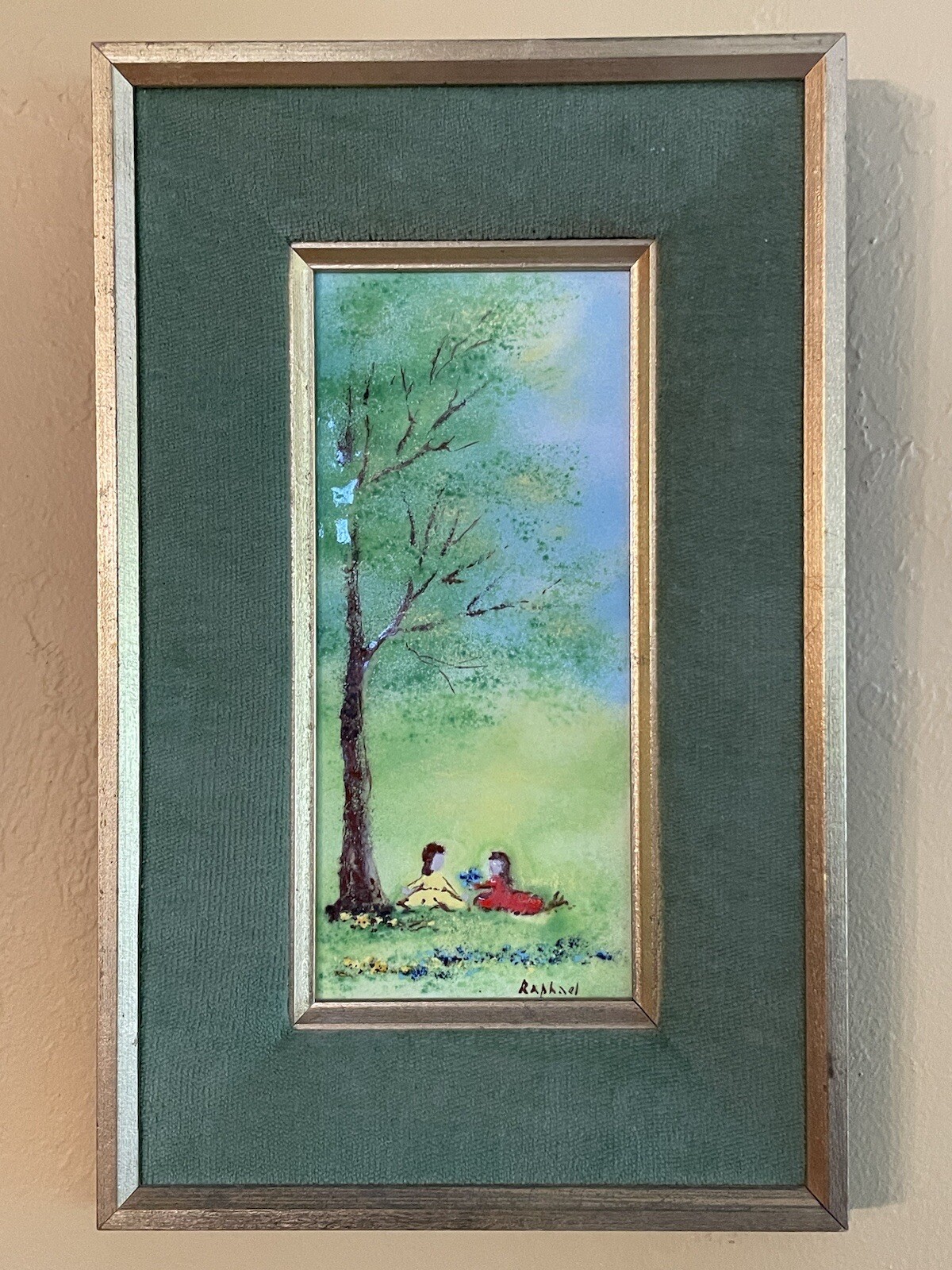 Gorgeous Enamel on Copper Original Art by Raphael – Gilt and Velour Wood Frame
