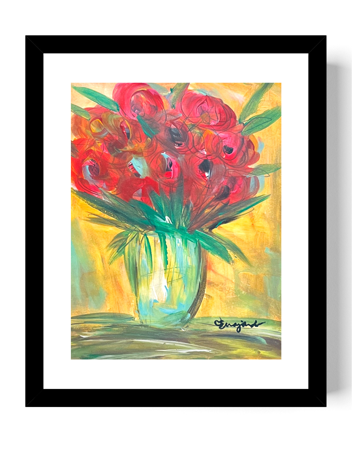 Guajardo Art: Roses on Table 11X8.5 Original Paper Signed Whimsical Art