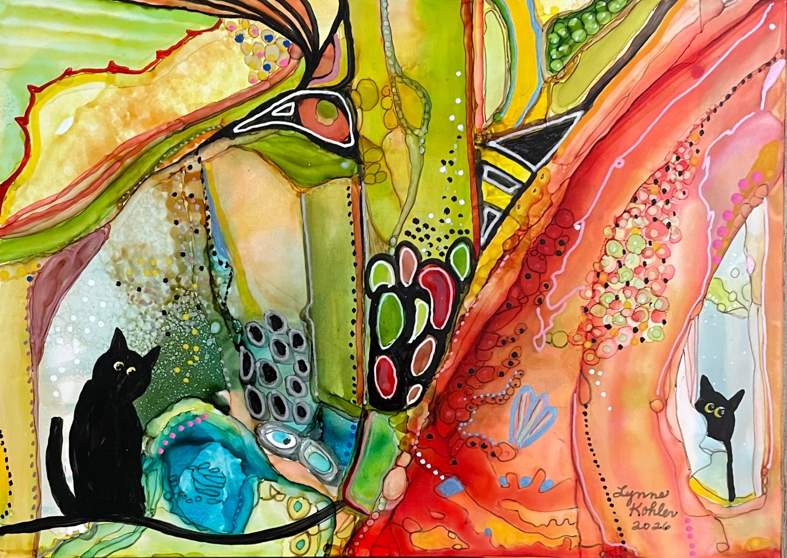 Original Painting 5×7″ black Cats in colorful abstract by Lynne Kohler