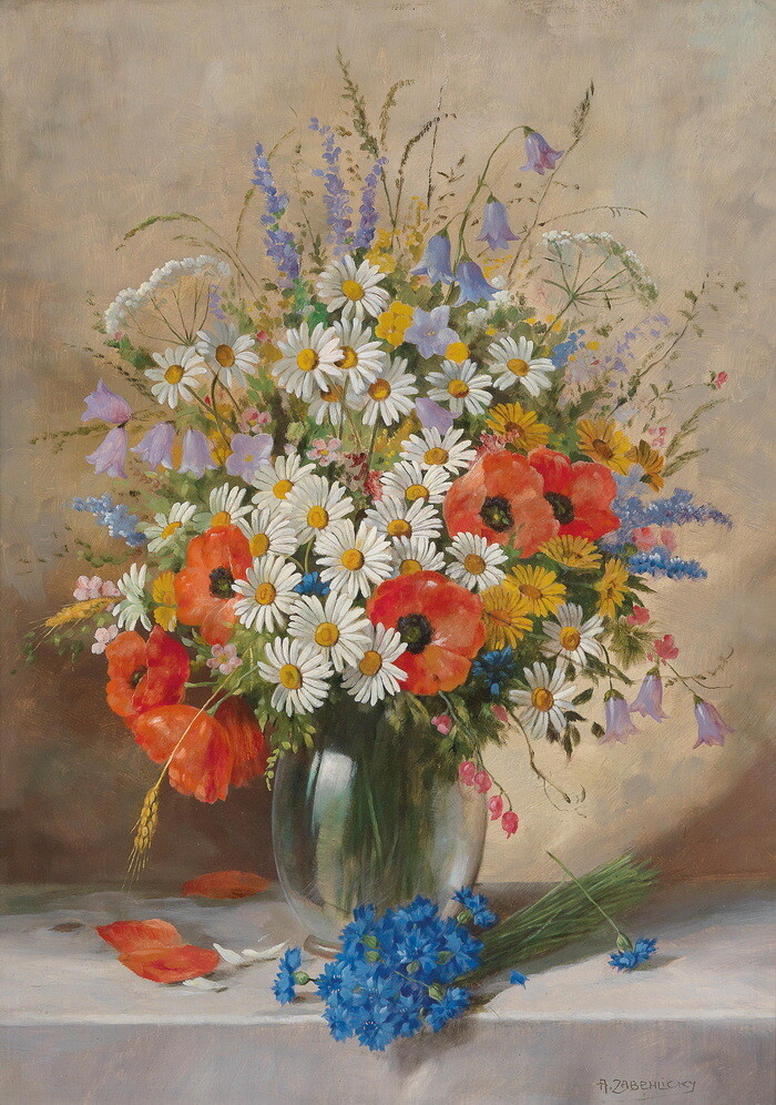 White chrysanthemum and poppy Art Giclee Printed Oil Painting Print