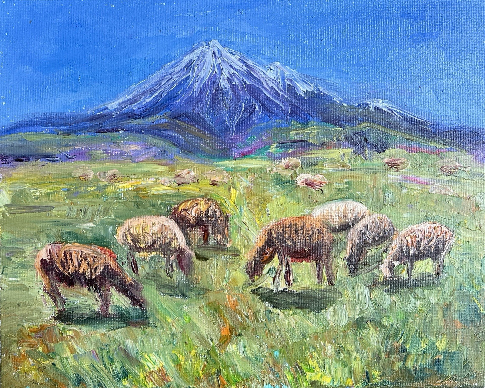 Original Oil painting 8×10 Mountain Landscape Sheep Farm Animal Wall Art
