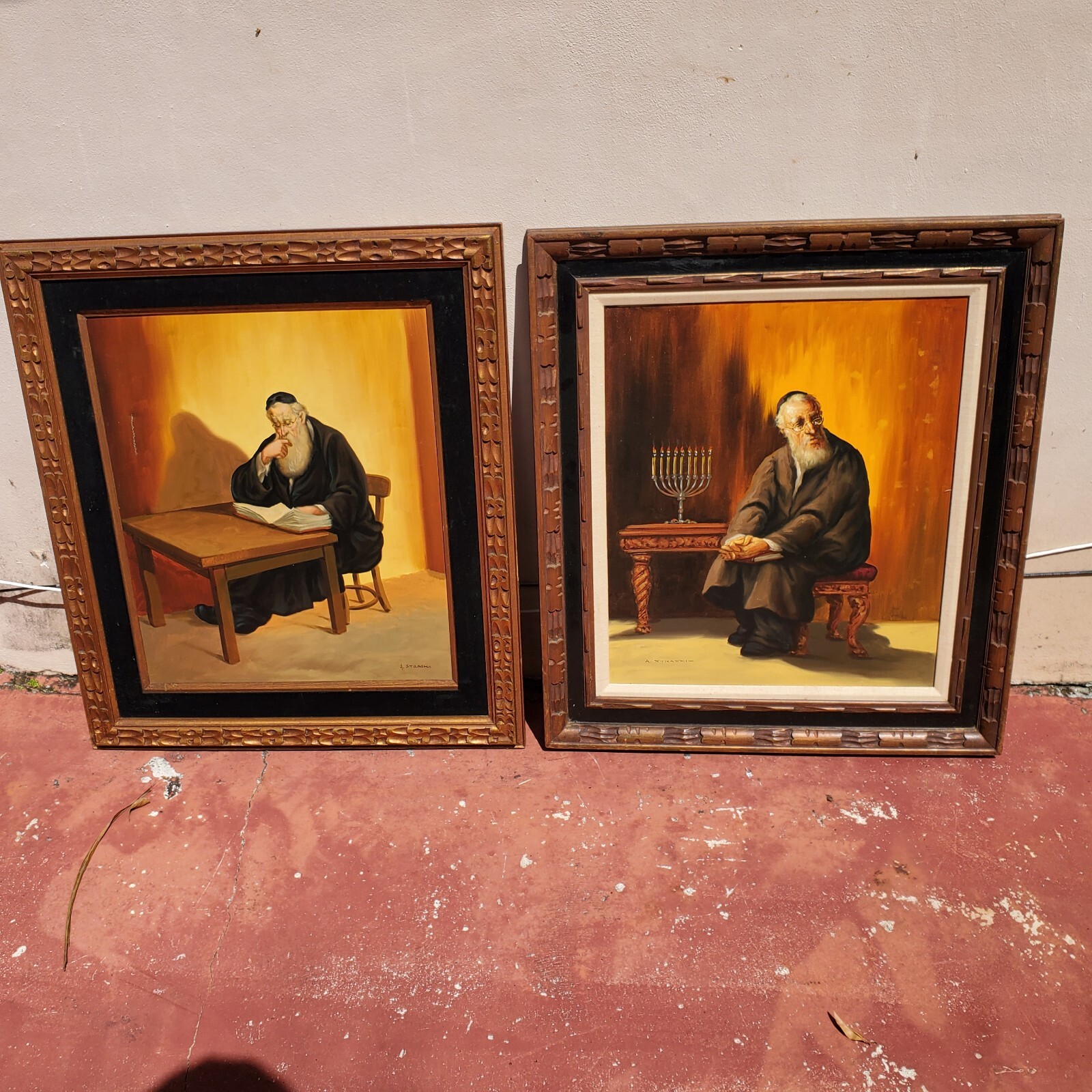 Signed Abraham A. Straski Jewish Man Reading Oil Painting Framed Lot Set Of 2