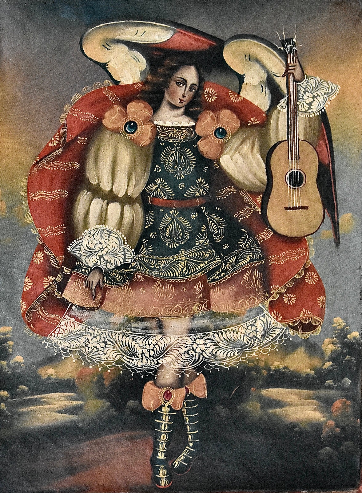 Vtg LOVELY Archangel Angel MUSICA GUITAR Cusco School Peru Original Oil Painting