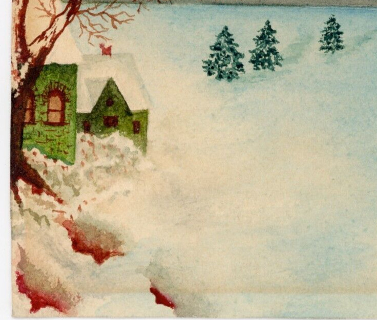 1903 Martha B Etchison Painting Winter Landscape Snowy Trees Green House Cottage