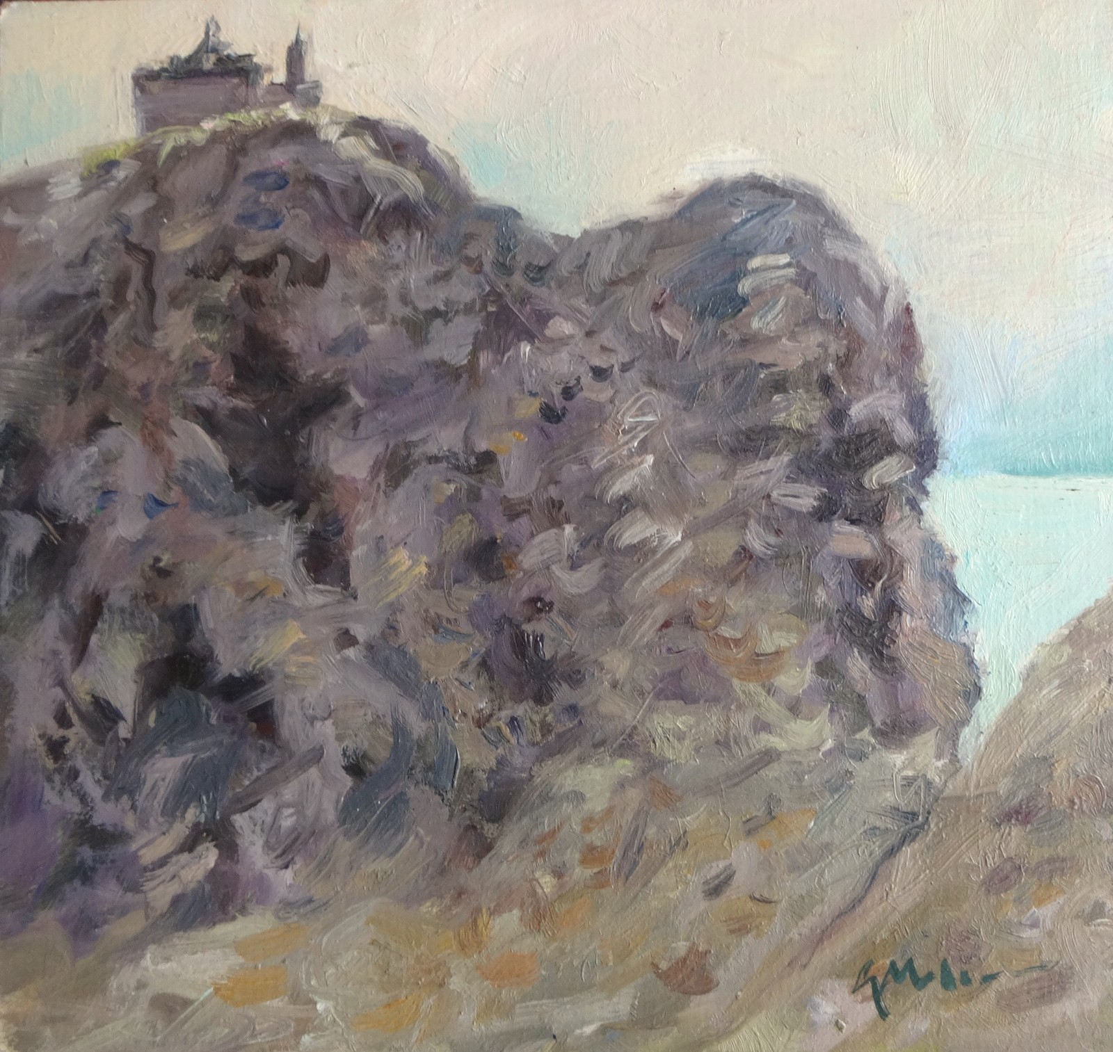 GERRY MILLER-Oil Painting on cardboard. .»Dunnottar Castle, Scotland».20x19cm-