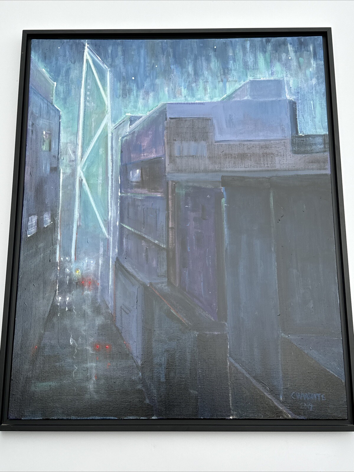 CHARLES WHITE PAINTING CITYSCAPE NIGHT URBAN LIGHTS CITY FOG MODERNIST RARE
