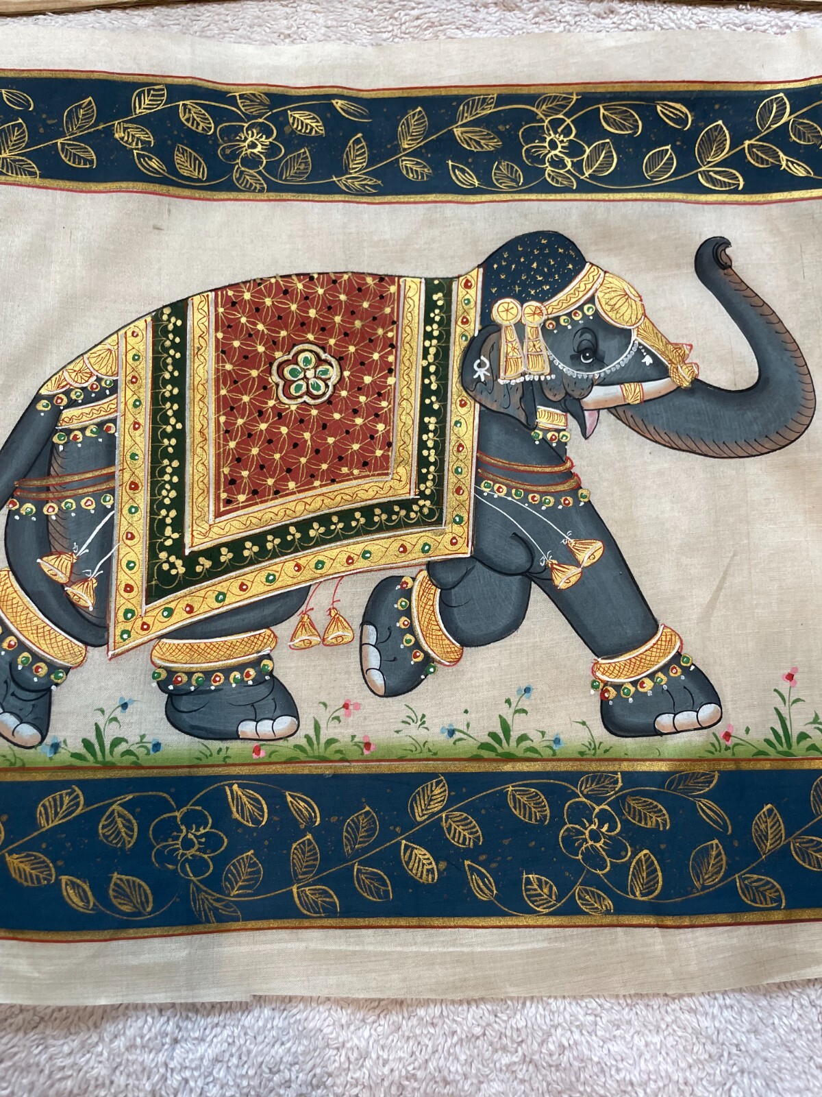 Vintage Hand Painted Asian Trunk Up Elephant on Silk Fabric Framed 10″ x 14″