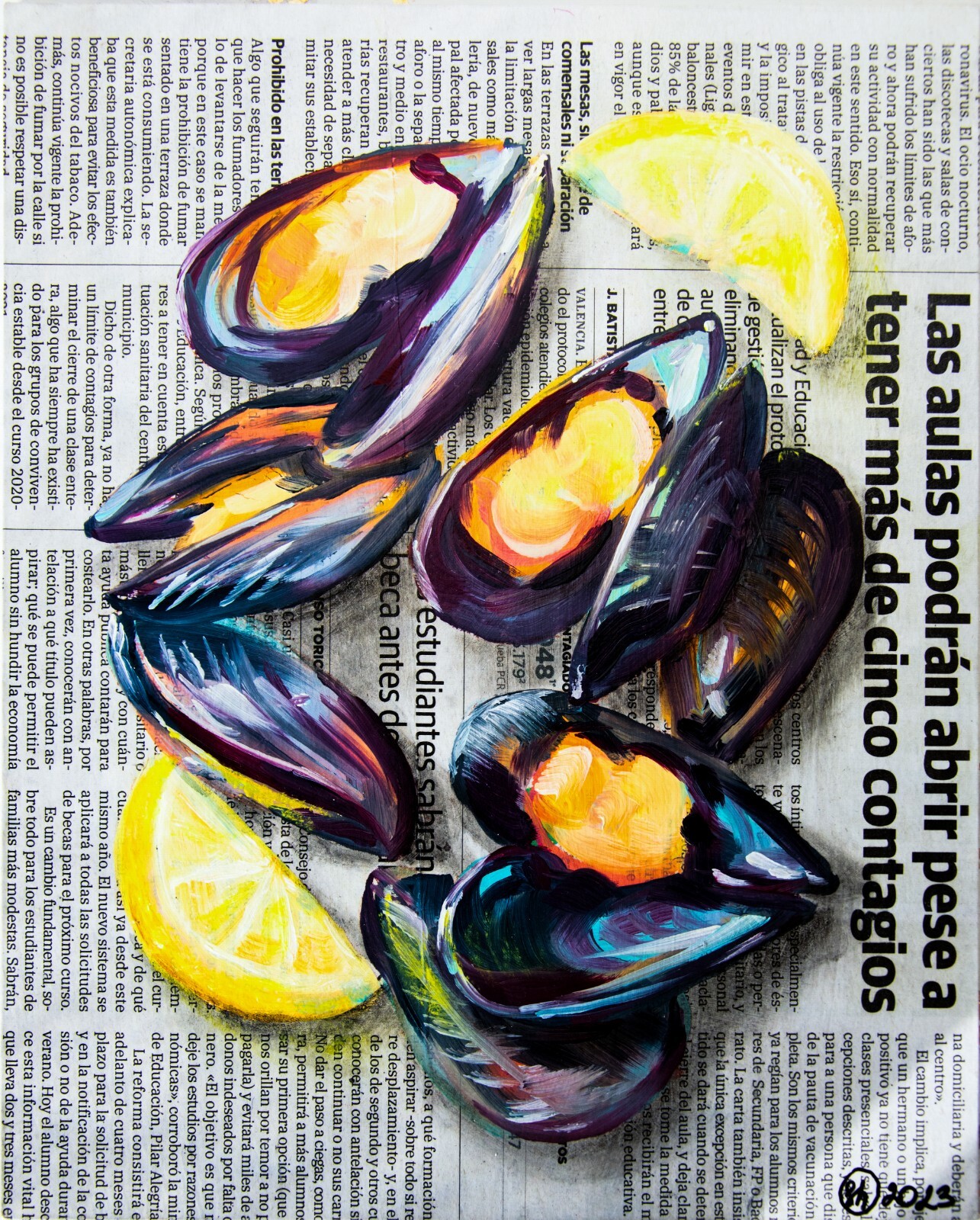 Mussels Painting Shell Oil Original Art Newspaper Oyster Wall Art Retro