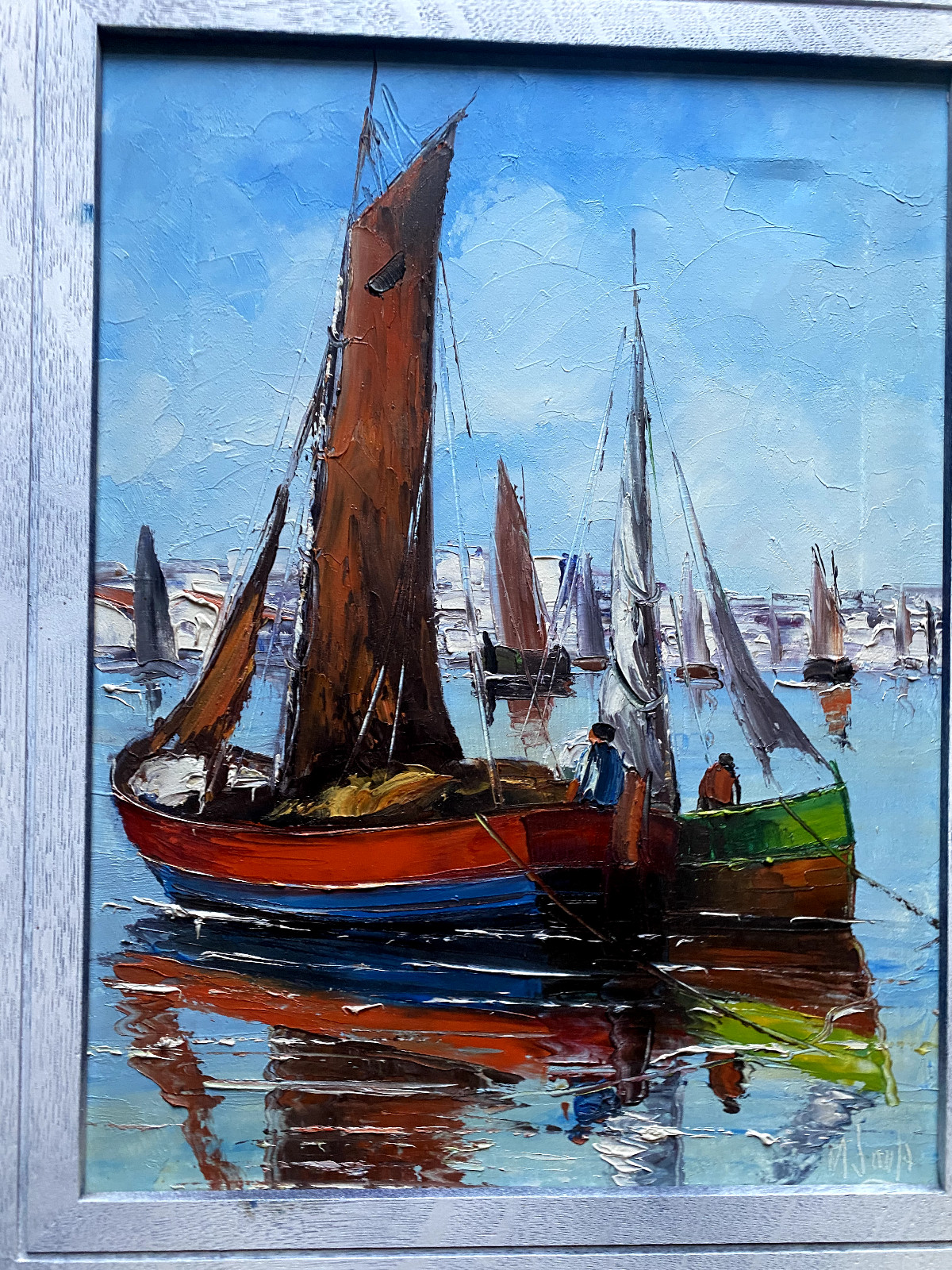 ::Álvaro Motta e Sousa (1920-2010) Painting Fishing Boats Signed Mediterranean Sign