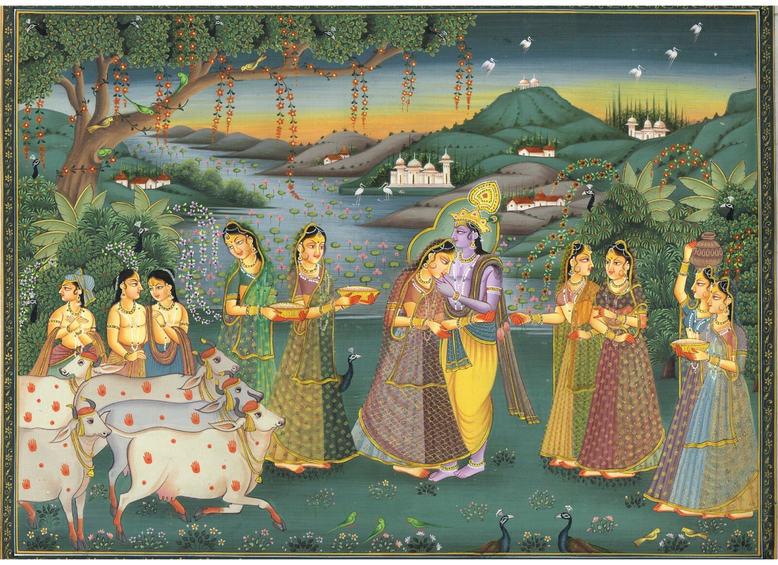 Rajasthani Miniature Painting Radha Krishna Love Art On Cloth 17.5×13.5 Inches