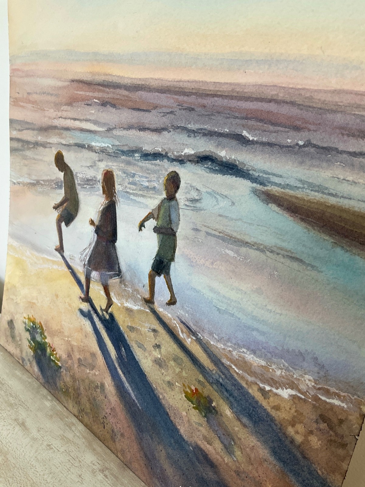 “Children at Sunset – Oregon Coast” – Original Watercolor Painting 11×14 in