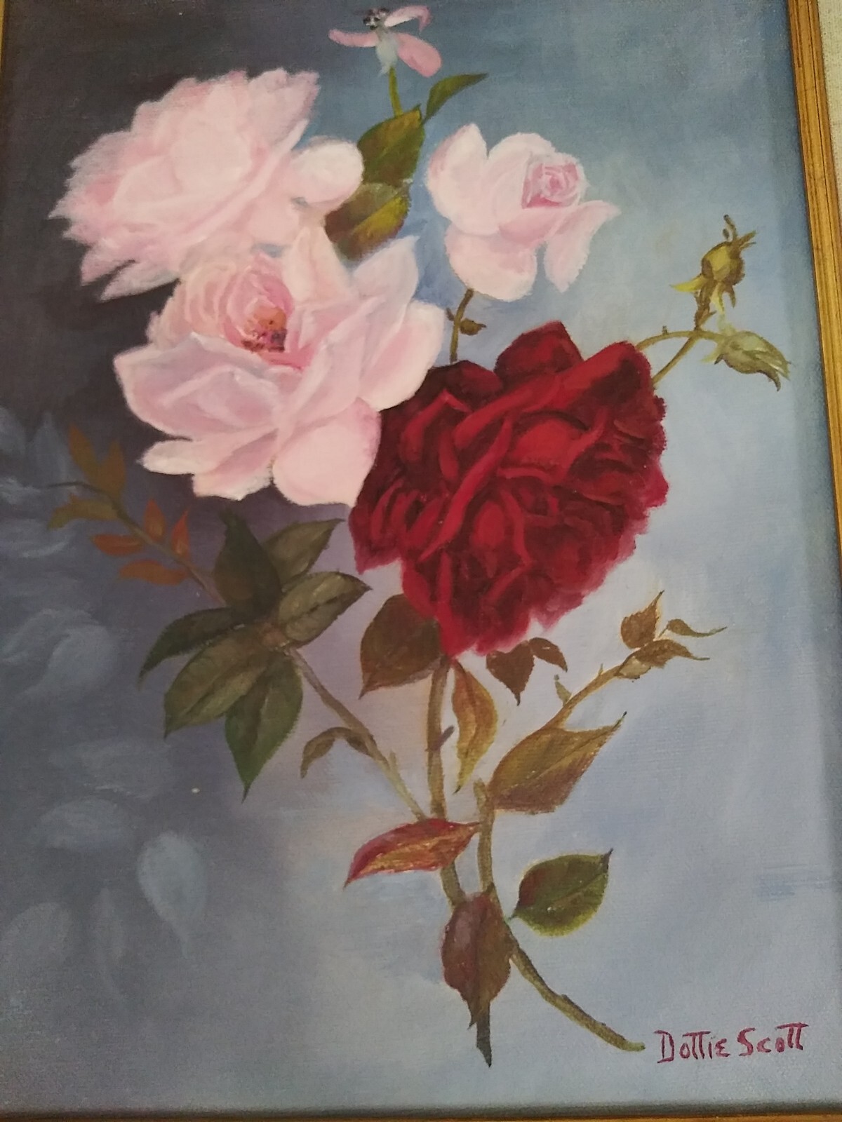Orig Painting on Canvas Roses Framed & Matted Signed Dottie Scott 15.5″ X 13″