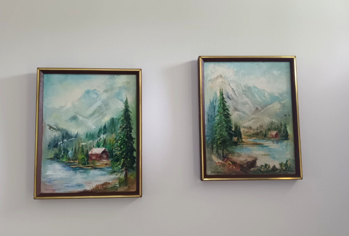 Vintage Original Oil Paintings Mountain Lake Cabin Landscape 1980 Signed Pair
