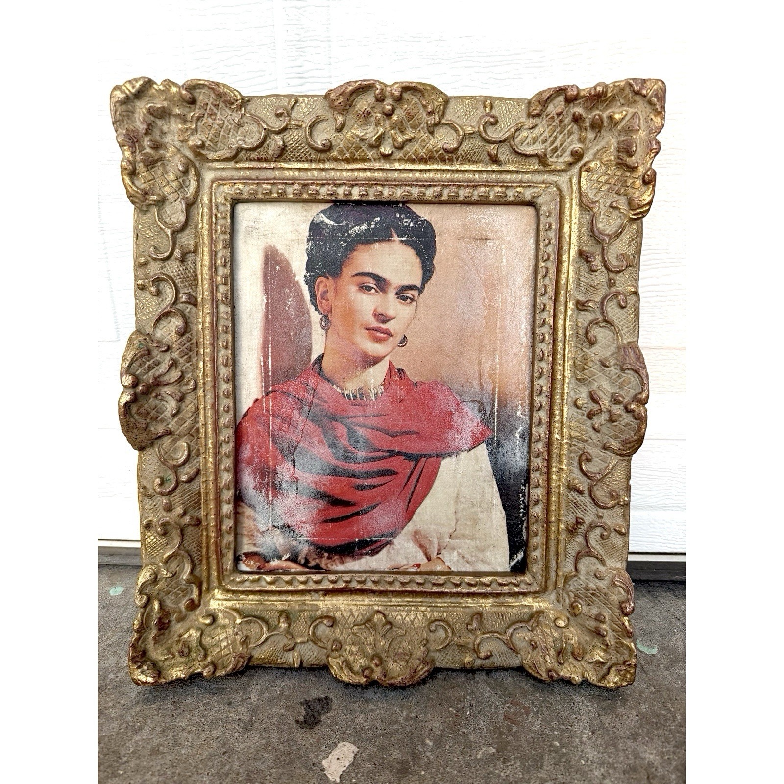 Frida Kahlo Portrait Mixed Media Small Art Work on Canvas Gold Framed Distressed
