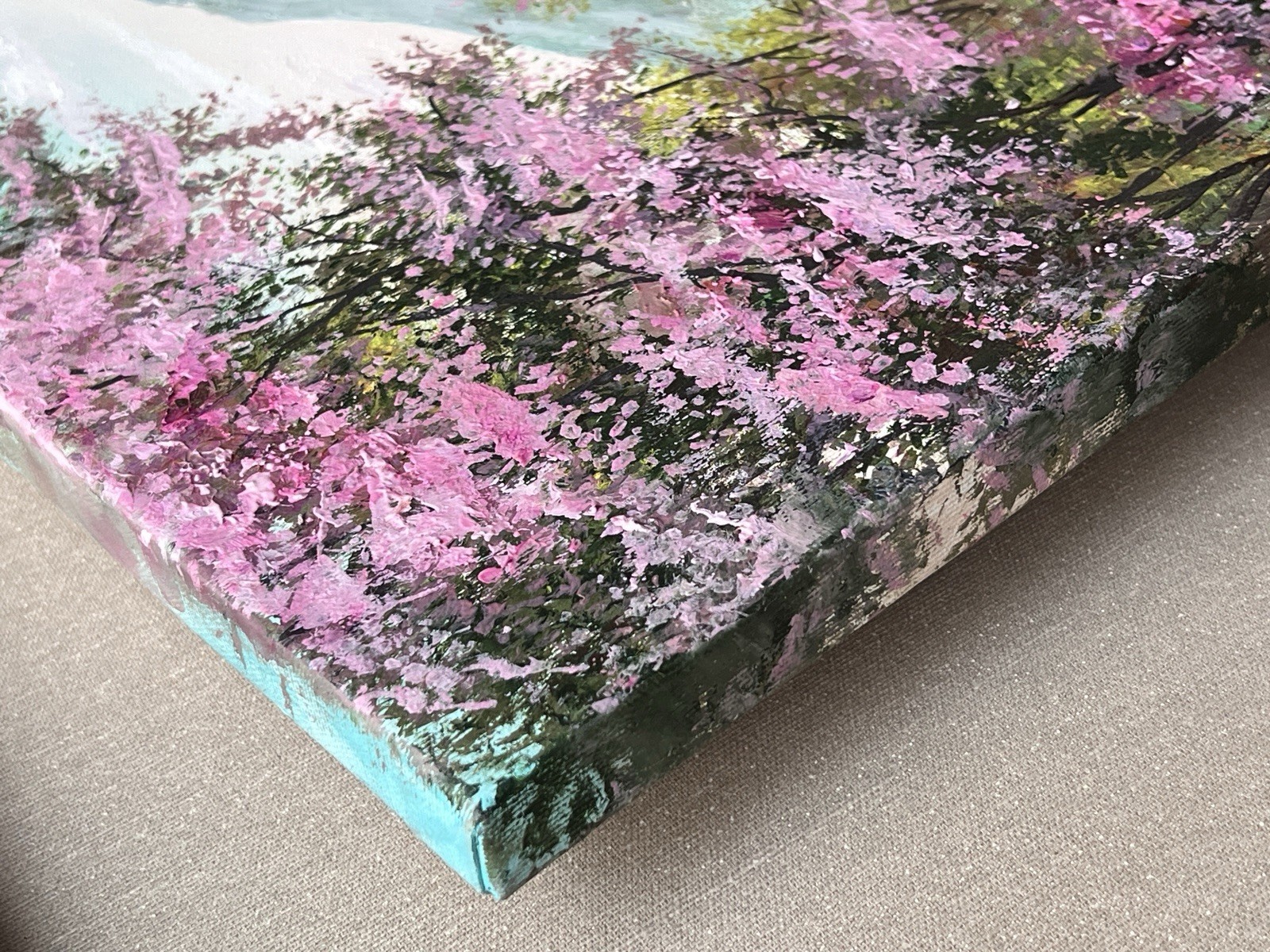 Large blossom sakura landscape with mountains and waterfalls high-quality ART