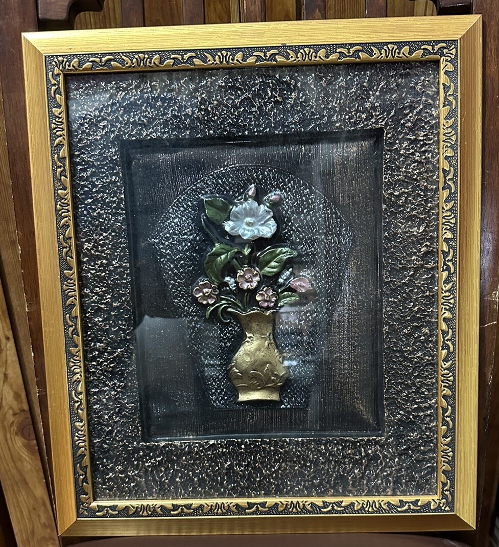 Painting of vase With Flowers in 3D embossing, hand painted acrylic paint 16×19