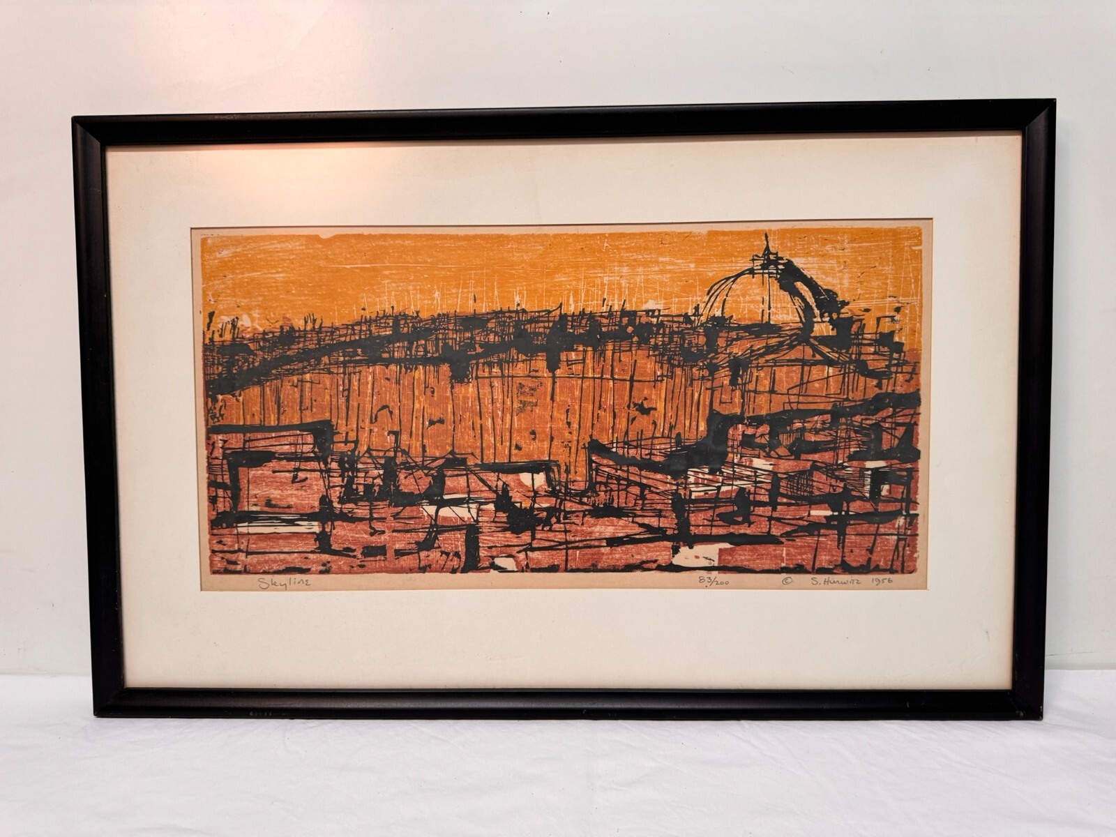 SIDNEY HURWITZ Semi Abstract Skyline Print WOODCUT Framed 10.25″ x 20.5″ 1956