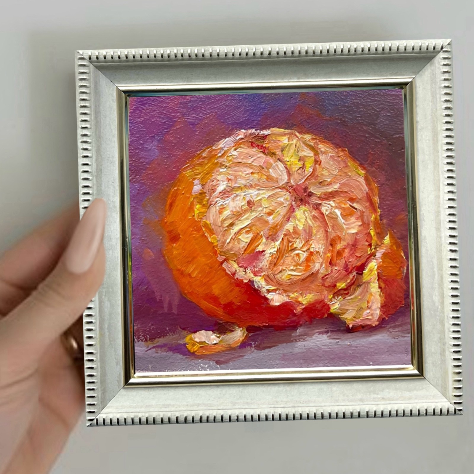 Original Oil Painting Orange Citrus Still Life Home Decor Wall Art 4x4in Signed